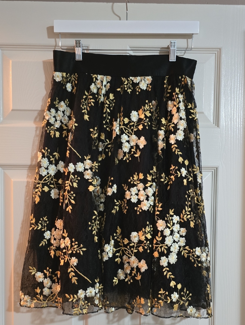 Express Black Floral Lace Midi Skirt with Gold Floral Embroidery